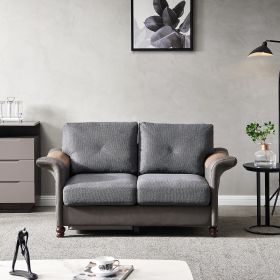 Living Room General Use Linen Fabric Faux Leather with Wood Leg Love Seat (Color: DARK GREY)