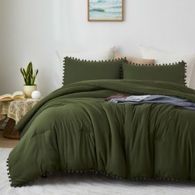 Boho Comforter Set, Boho Bedding set with Pom Poms Fringe Design, 1 Aesthetic Comforter and 2 Pillowshams (Color: Olive Green, size: Full)